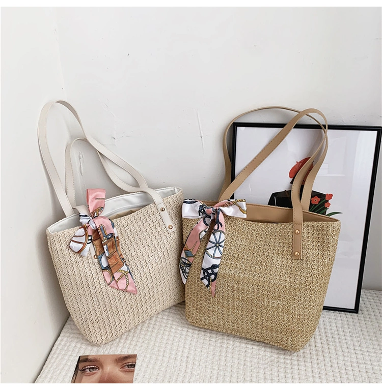 Ladies Summer Casual Straw Woven Top-Handle Handbag Vintage Silk Ribbon Large Capacity Shoulder Underarm Shoulder Bags for Women