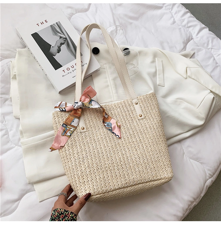 Ladies Summer Casual Straw Woven Top-Handle Handbag Vintage Silk Ribbon Large Capacity Shoulder Underarm Shoulder Bags for Women